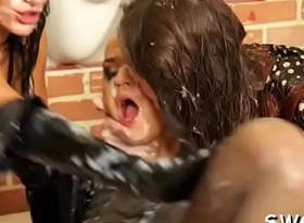 Baby takes a slime shower