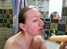 Busty Horny Granny Rididng Bwc Dildo, Do Blowjob and Get Cum on Face