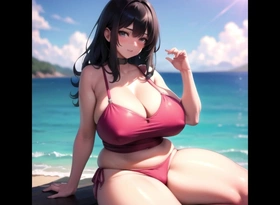 Sexy Beamy Breast Brunette on Beach Ai Porn