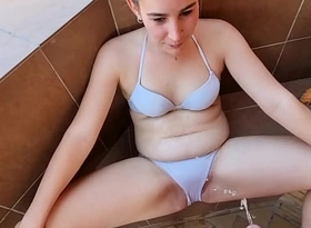 Slut in white bikini gets pissed on compilation conceivable fluency face pee