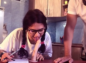 Schoolgirl studying cocksucking with an increment of give award gets big blarney lots of cum on orientation