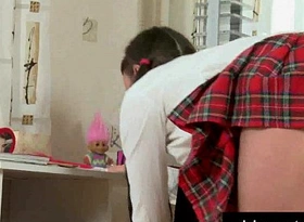 Pigtailed schoolgirl toy pussy upskirt