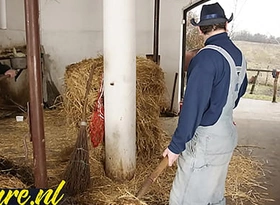 Hairy horse tamer double penetrated alongside horse stable for the brush first time