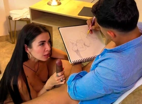 Artist can't contain himself and masturbates after a long time drawing the obese bosom of Colombian Silvana Lee naked - Angel Cruz