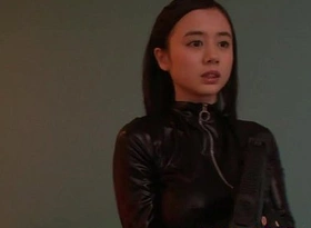 Costumed asian mom in catsuit facialized