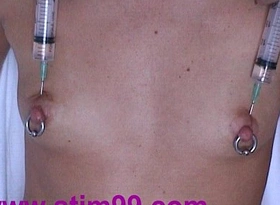 Injection saline in breast nipples pumping tits & vibrator