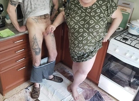 A Fat Woman Jerks elsewhere My Dick near the Kitchen and I Cum Acutely