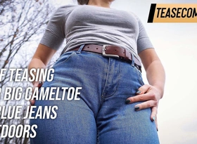 MILF Ribbing Say no to Chunky Cameltoe in Blue Jeans Outdoors