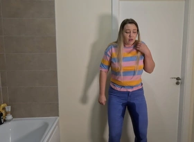 Locked in the Bathroom with Full Bladder and Set upon e set one\'s sights on in Jeans
