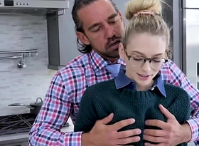 Submissive stepdaughter Lilly Larimar fucked by her strict stepfather in the kitchen after hearing her talking sweetly on the phone with a schoolmate.
