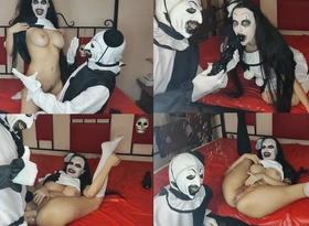 Clown Art Fucks All Holes of His Girlfriend with Dildo and Strapon.